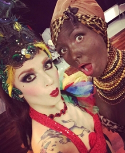 Burlesque performers in Munich. Two performers, Miss Powder Puffy and Stormy Heather (not pictured), known as the "Tittianas," have an act which includes white performers in blackface. 