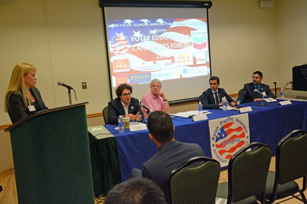 Charlotte Danielsson moderating an Immigration Reform panel including Assemblymember Roger Dickinson and Joe Green founder of FWD.us