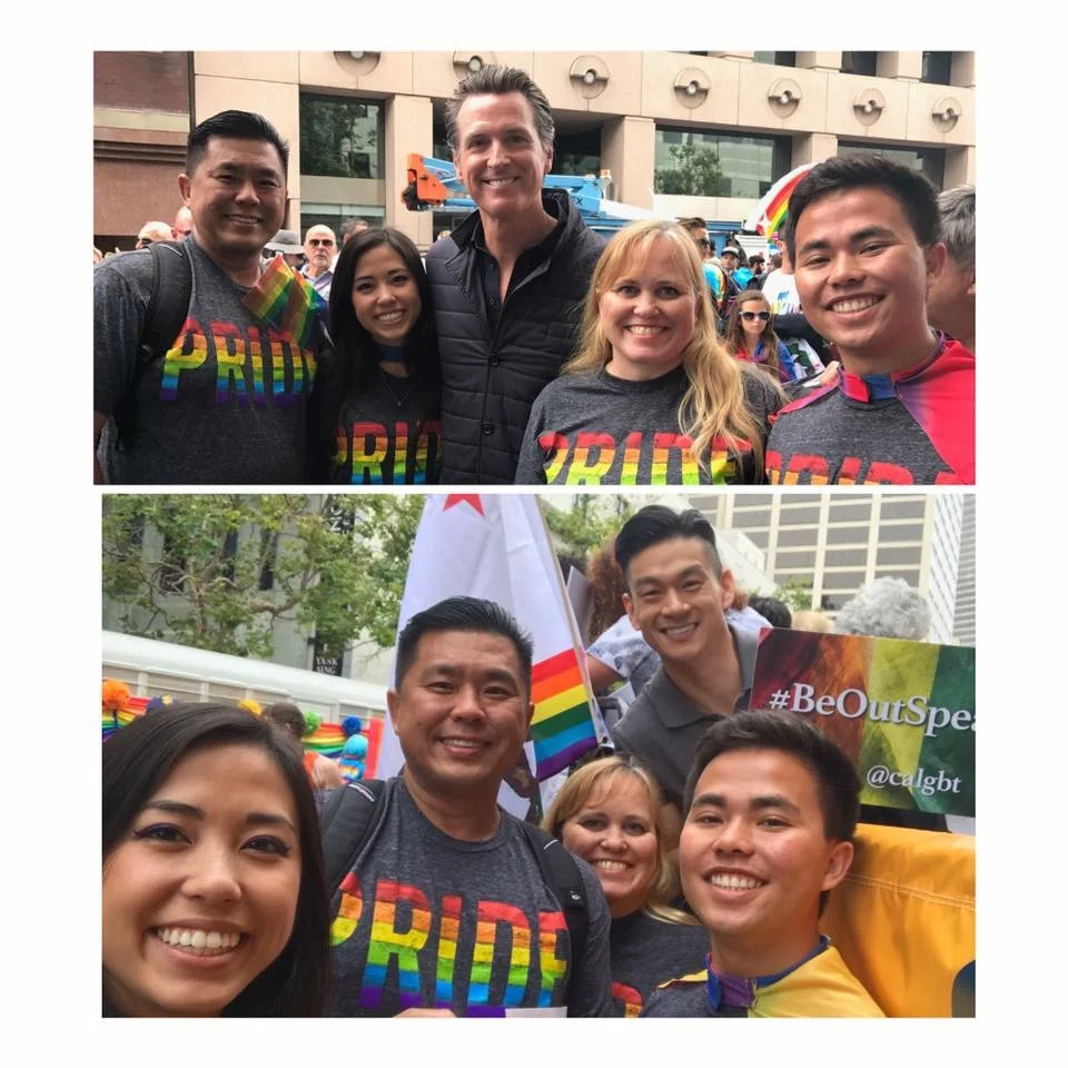 Charlotte Danielsson with her family at the SF Pride parade with CA Lieutenant Governor (now Governor) Gavin Newsom and CA Assemblymember Evan Low before they all marched in the parade