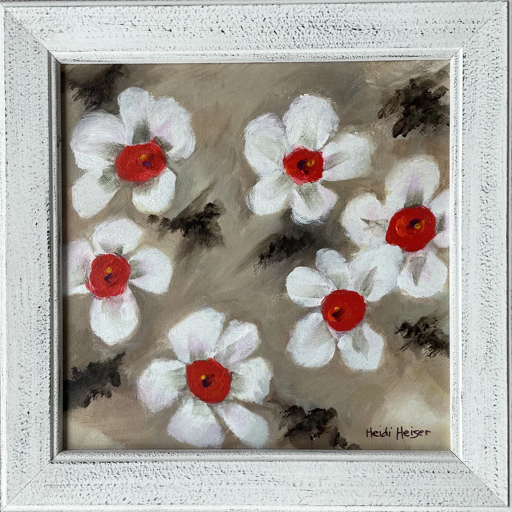White Rose Mallows With Red Centers Is An Exciting And Colorful Original Painting 15 X15 Artist Studio 27 Original Fine Art Acrylic And Oil Paintings