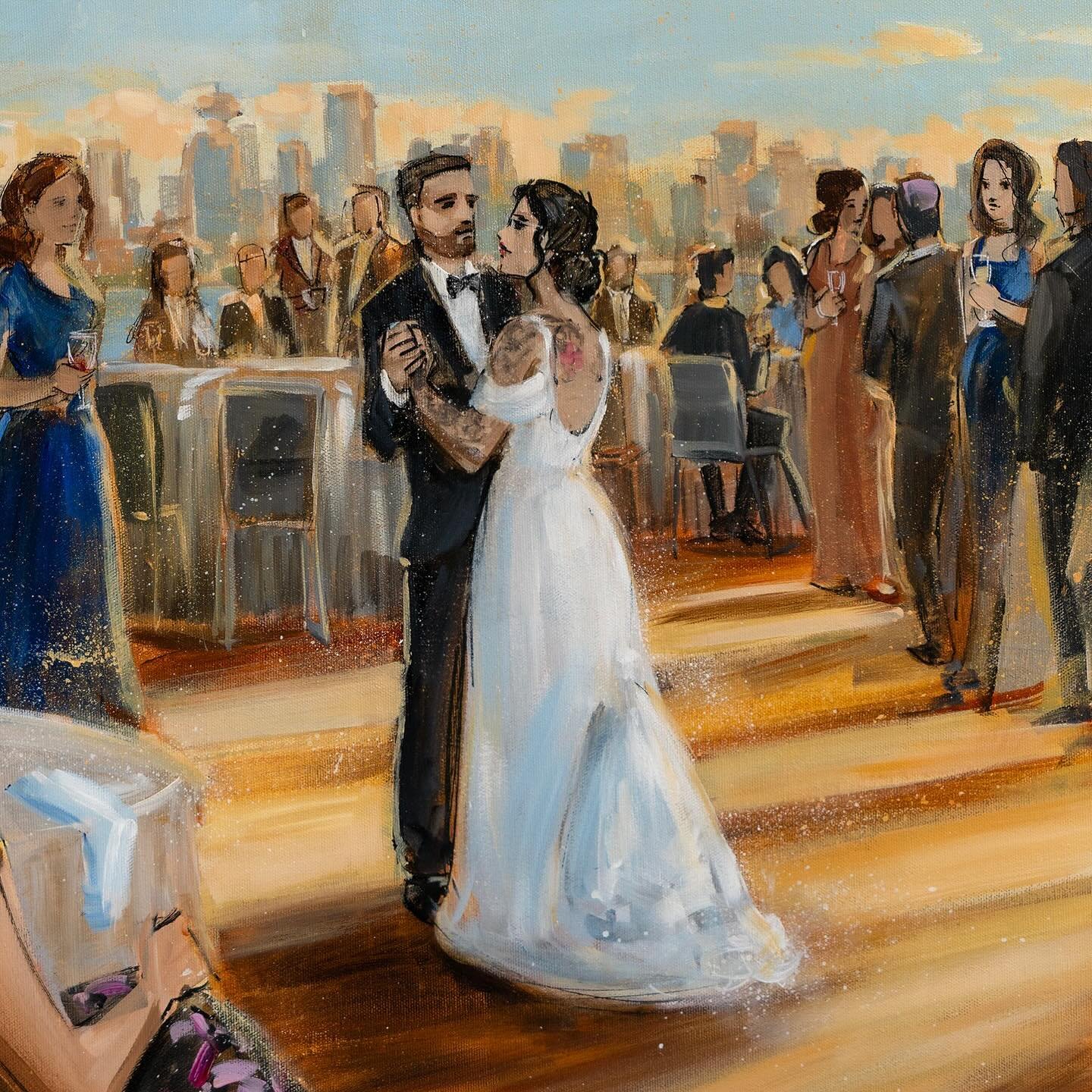 Here&rsquo;s a closer peek at the finished live painting from the enchanting wedding at the Polygon venue. The city skyline provided a stunning backdrop! 🎨🌆#WeddingMemories #UrbanArtistry #LiveEventPainting
