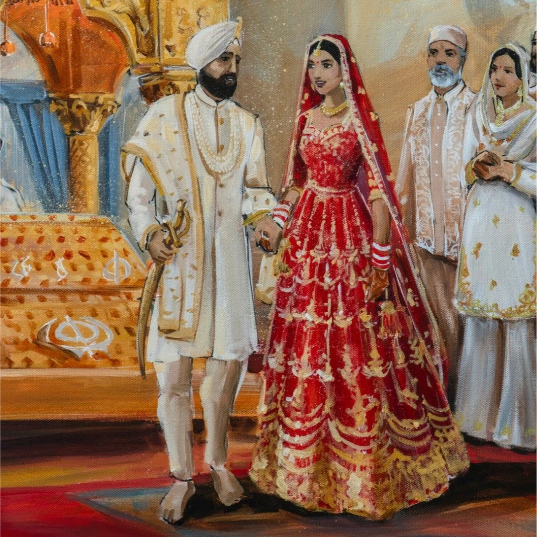 This one felt more like a family portrait than a typical wedding scene, the bride wanted just the couple and their closest family in the painting.
And that red dress! It completely steals the show against all those soft neutrals.
Would you have your