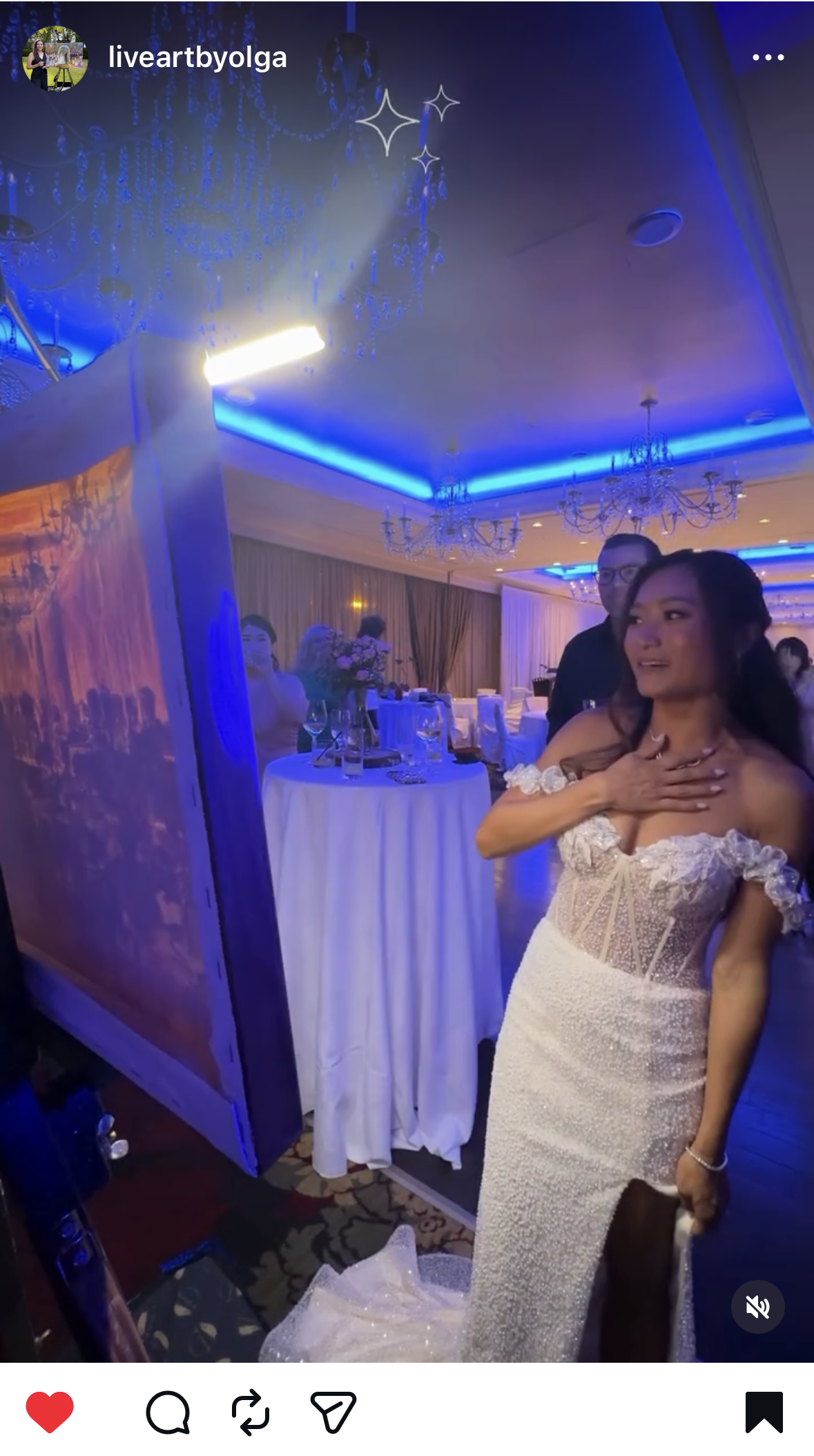 Bride in a beaded gown reacts emotionally to her live wedding painting at a chandelier-lit Vancouver reception