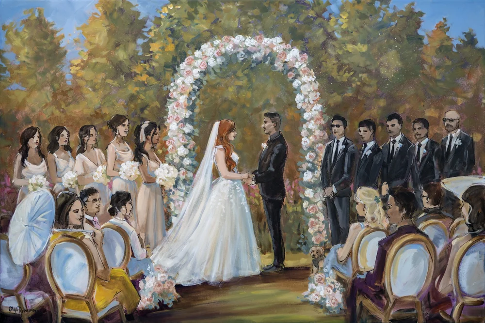 Live painting of an outdoor wedding ceremony beneath a floral arch