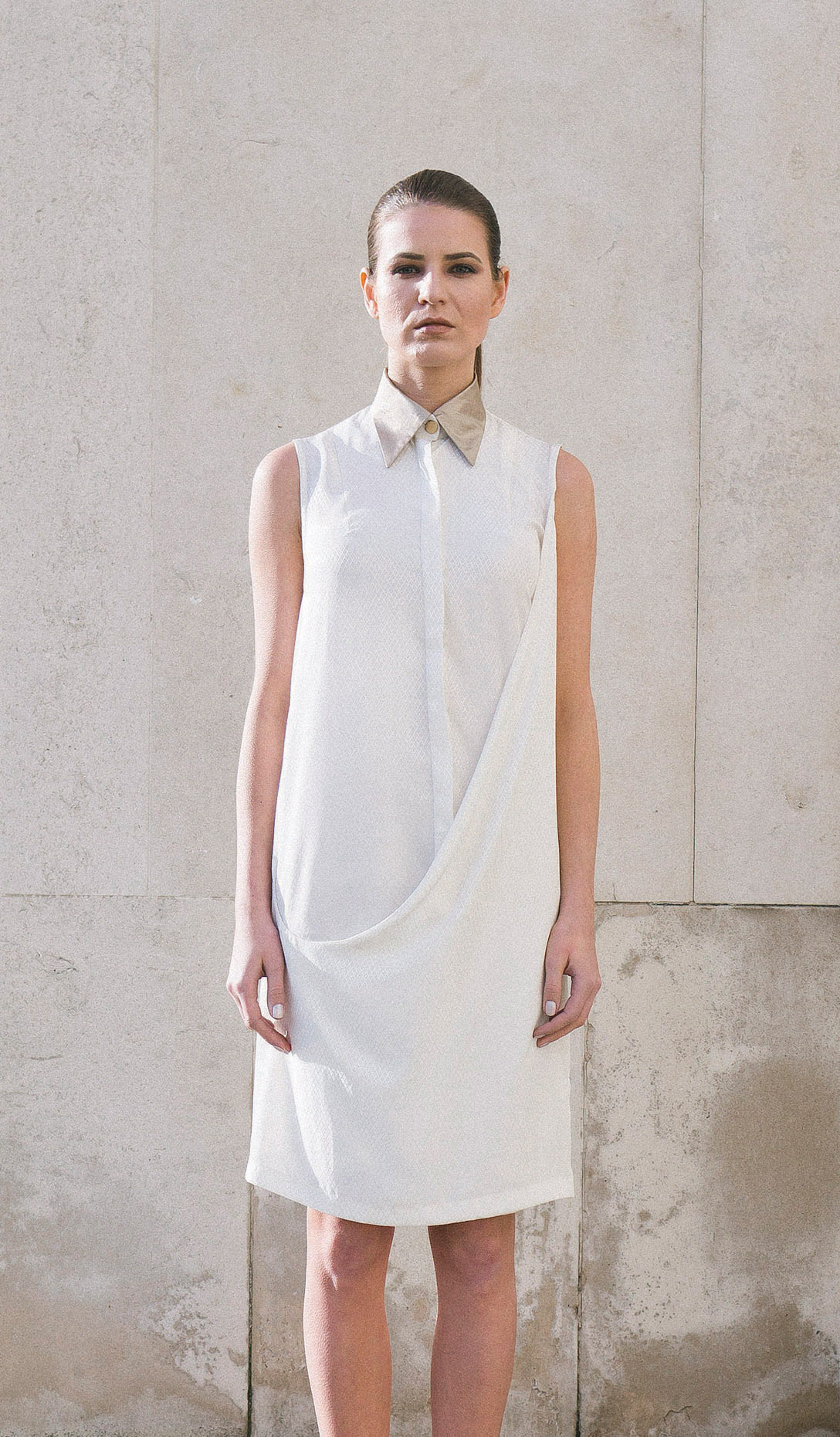 Isabel Wong White Asymmetric Draped Front Shirt Dress With Gold Rubber Coated Cotton Collar