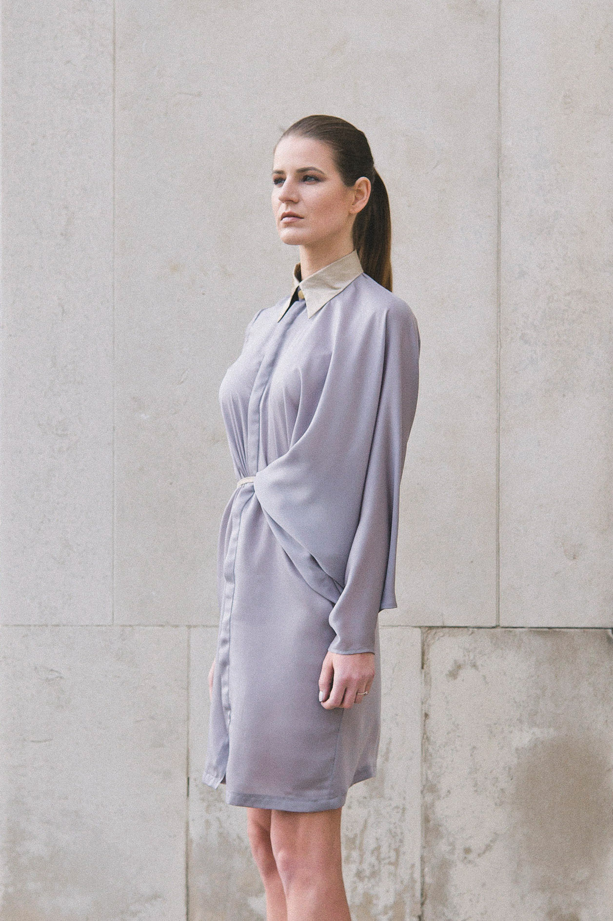 Isabel Wong Vestige Asymmetric Draped Front Purple Musk Silk Shirt Dress with Gold Rubber Coated Collar and Concealed Button Placket Stand