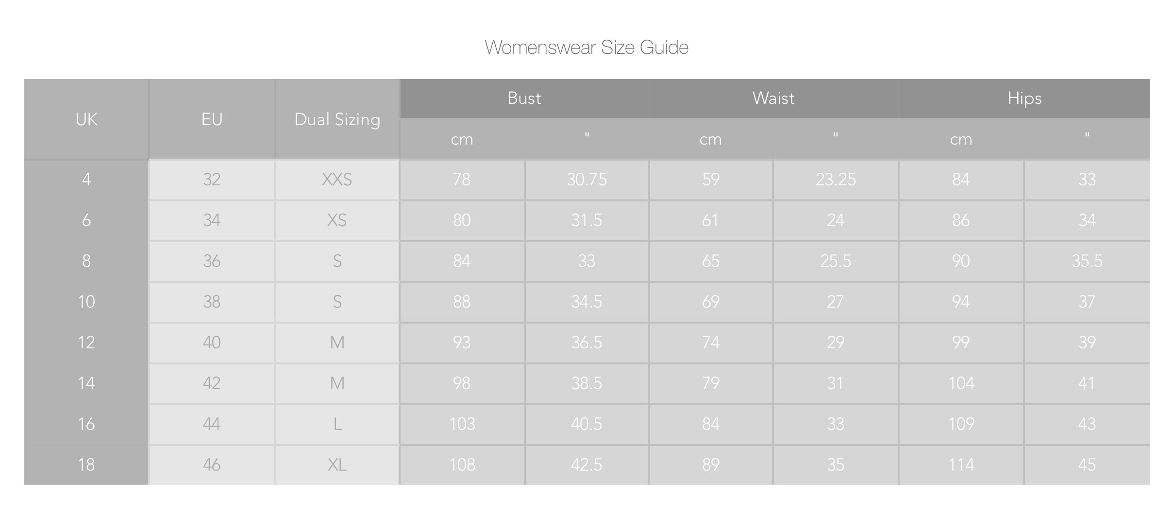 *Womenswear Size Guide - Measurements shown are body measurements and not the measurements of the garments