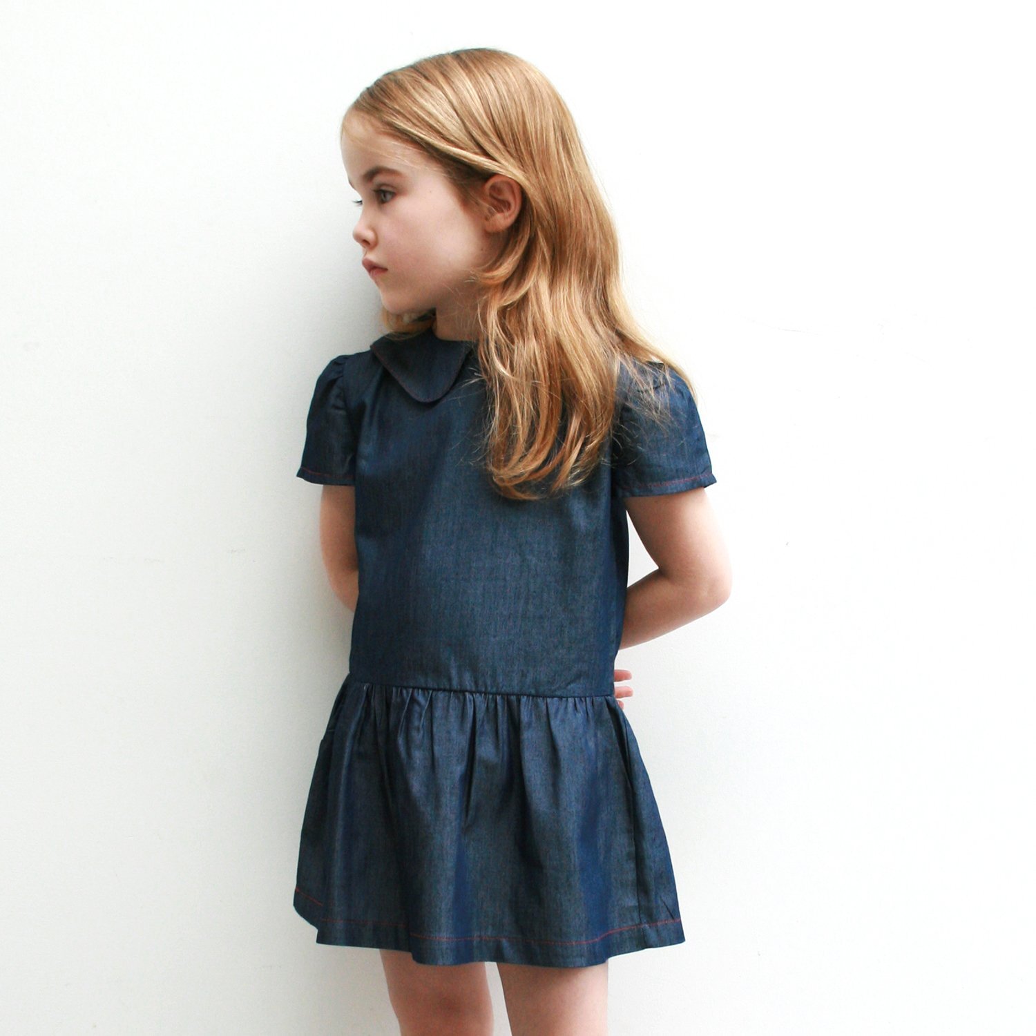  Isabel Wong Bespoke Service Client Portfolio - childrenswear and girls clothing. Pattern cutting, pattern making and sampling services. Brand Well Grounded. Peter Pan collar denim dress 