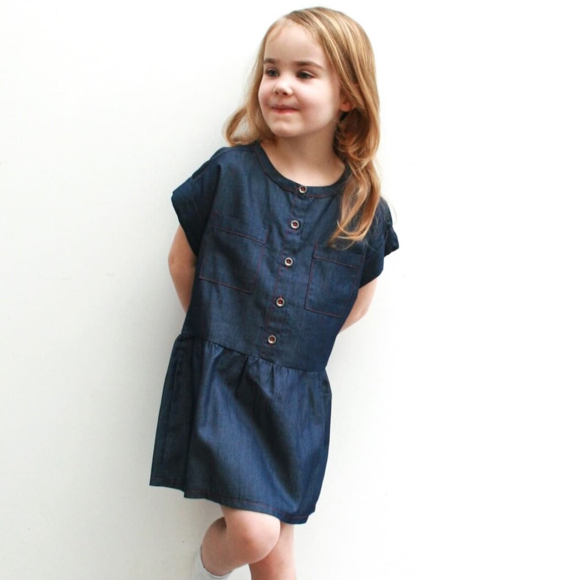  Isabel Wong Bespoke Service Client Portfolio - childrenswear and girls clothing. Pattern cutting, pattern making and sampling services. Brand Well Grounded. Denim dress 