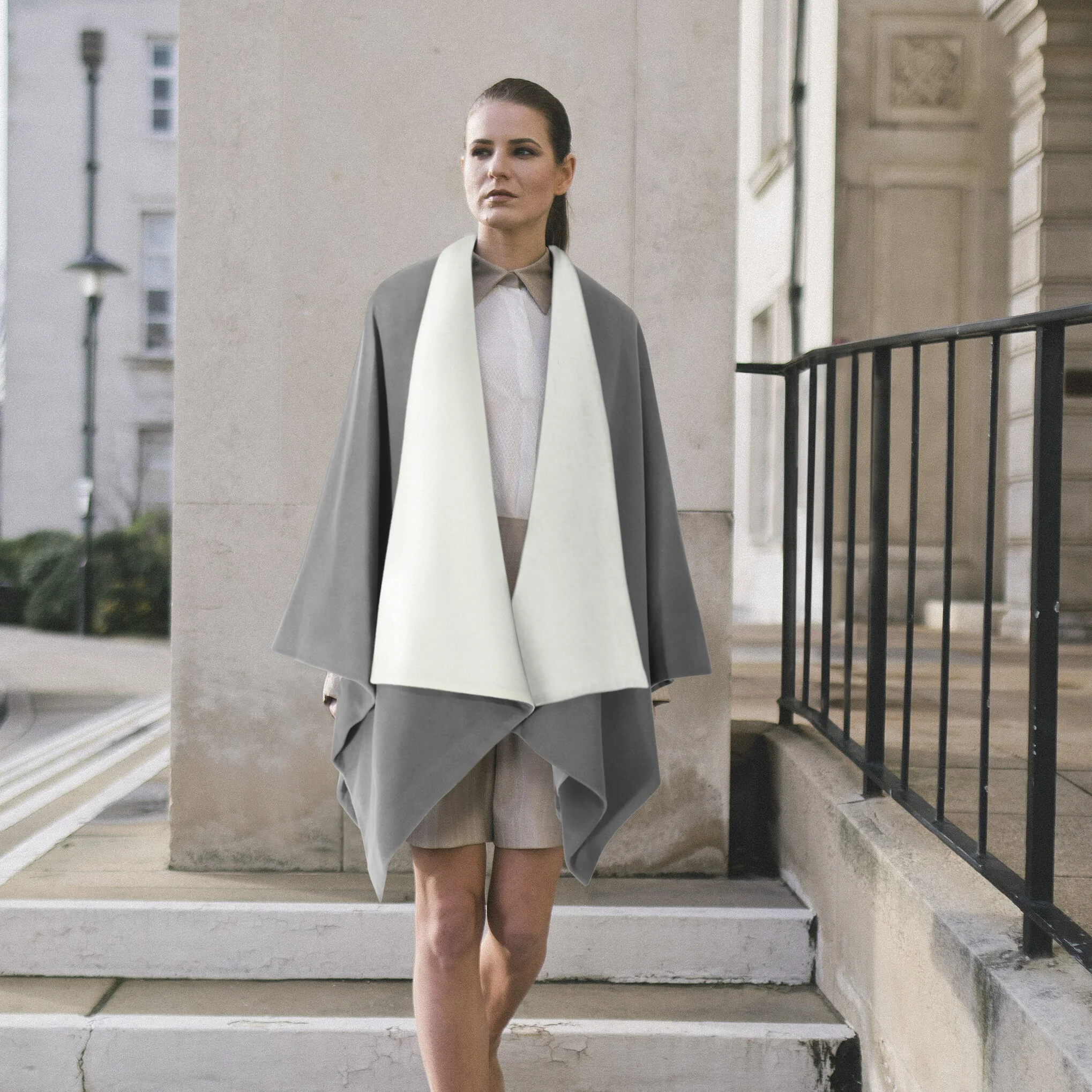 Shawl Cape Grey WHITE LAPELS Modeled .jpg
