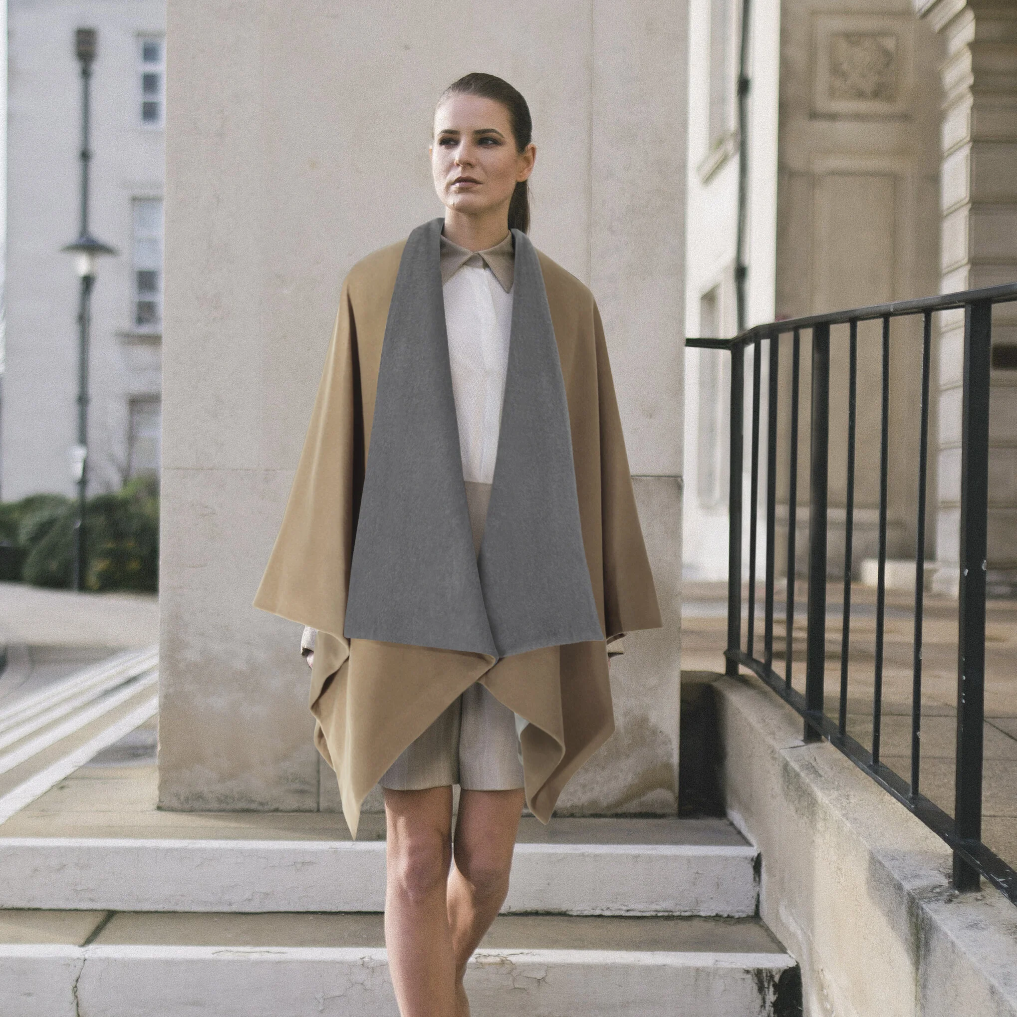 Shawl Cape GREY LAPELS Modeled .jpg
