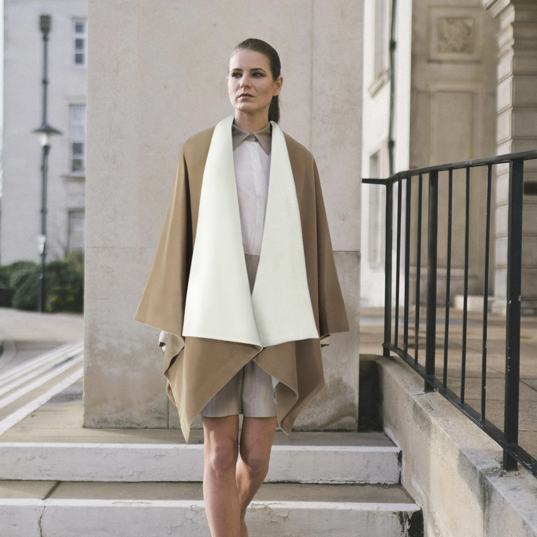 Shawl Cape Camel WHITE LAPELS Modeled .jpg