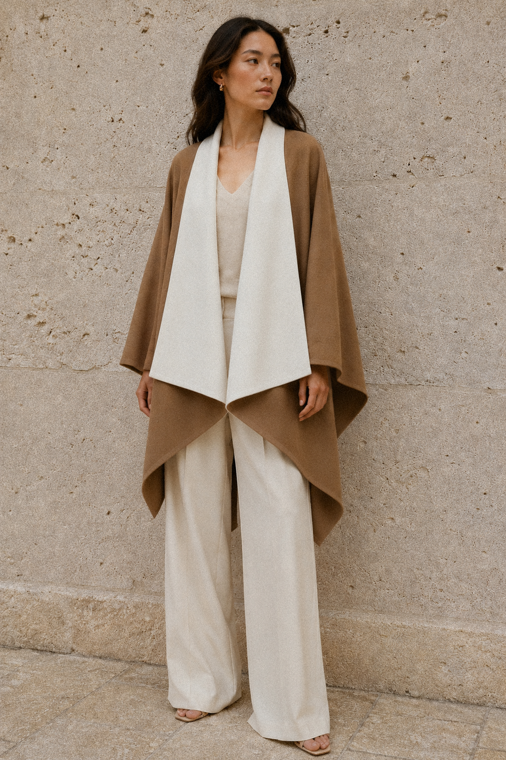 Camel Beige Ivory White Cape Shawl Isabel Wong Modelled Front.png