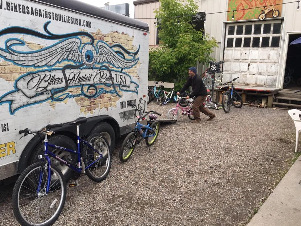 Loading up the 30 kids bikes we tuned up into Flash's (of Bikers Against Bullies USA) trailer.