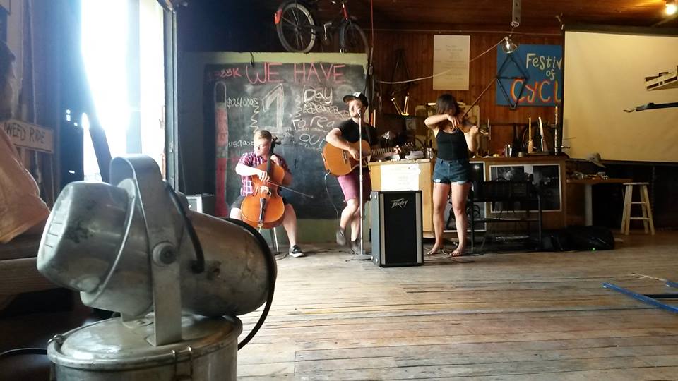 The Fruiting Nobodies playing at the shop on the final day before our deadline.
