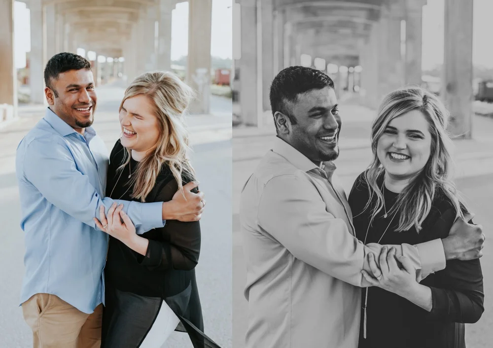 Engaged couple relaxed and laughing, Kansas City wedding photographer Merry Ohler Photography.