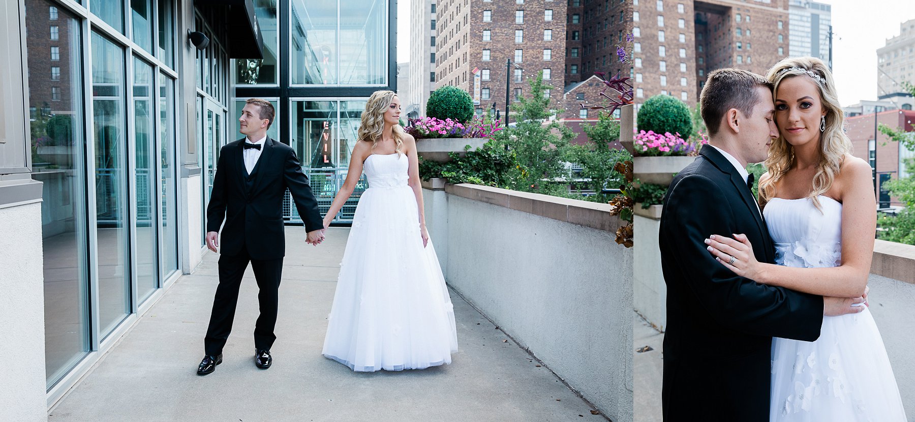 Bride and Groom portrait on balcony by Merry Ohler | Best Midwest Wedding Photographer