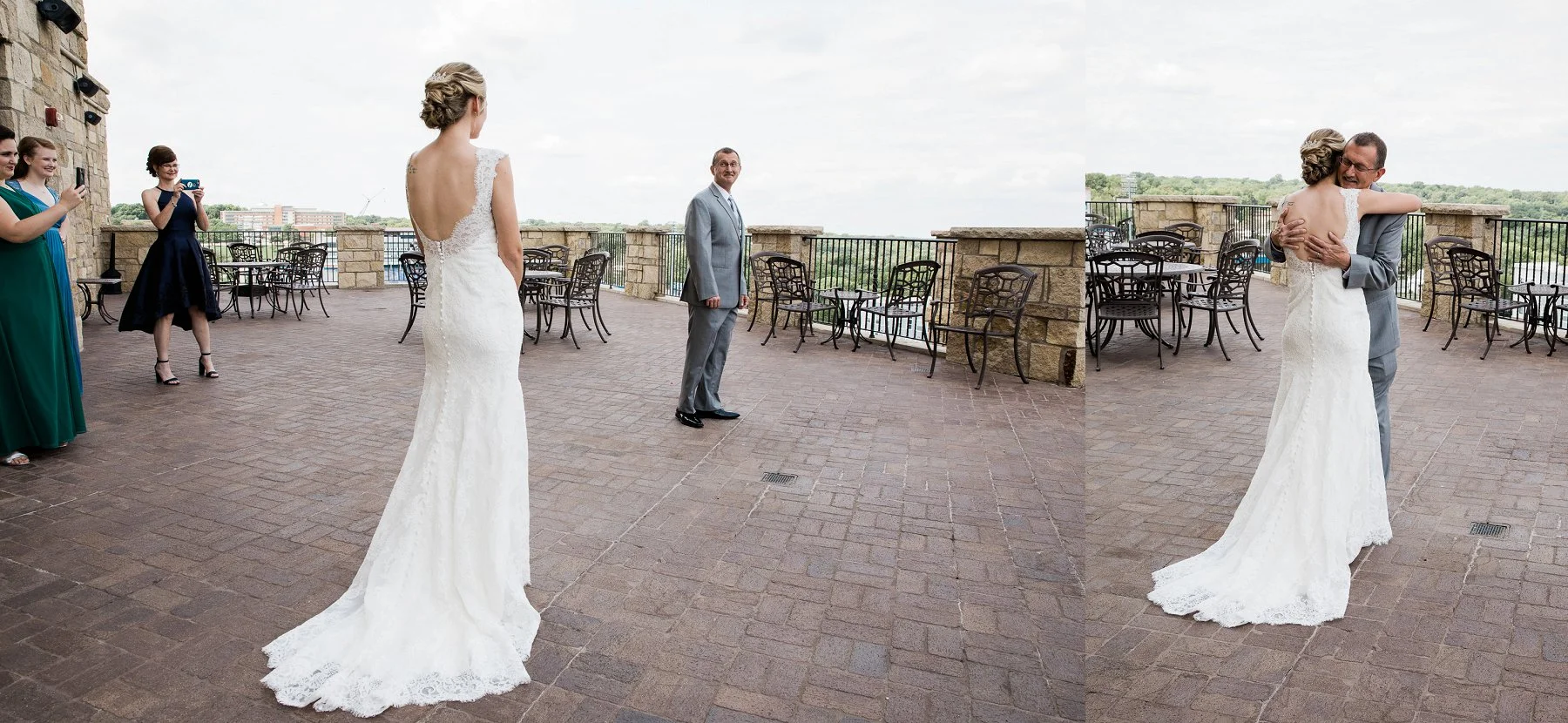 Father of the bride glimpses the bride for the first time while her mother and sisters look on. © Merry Ohler Creative, 2019. Photo by Merry Ohler, who is the best wedding photographer in Kansas City.
