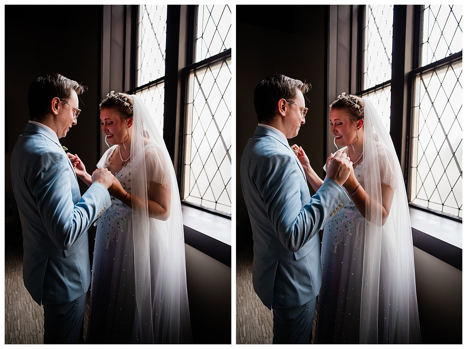 Bride and Groom take a moment together during first look at church in Kansas City.