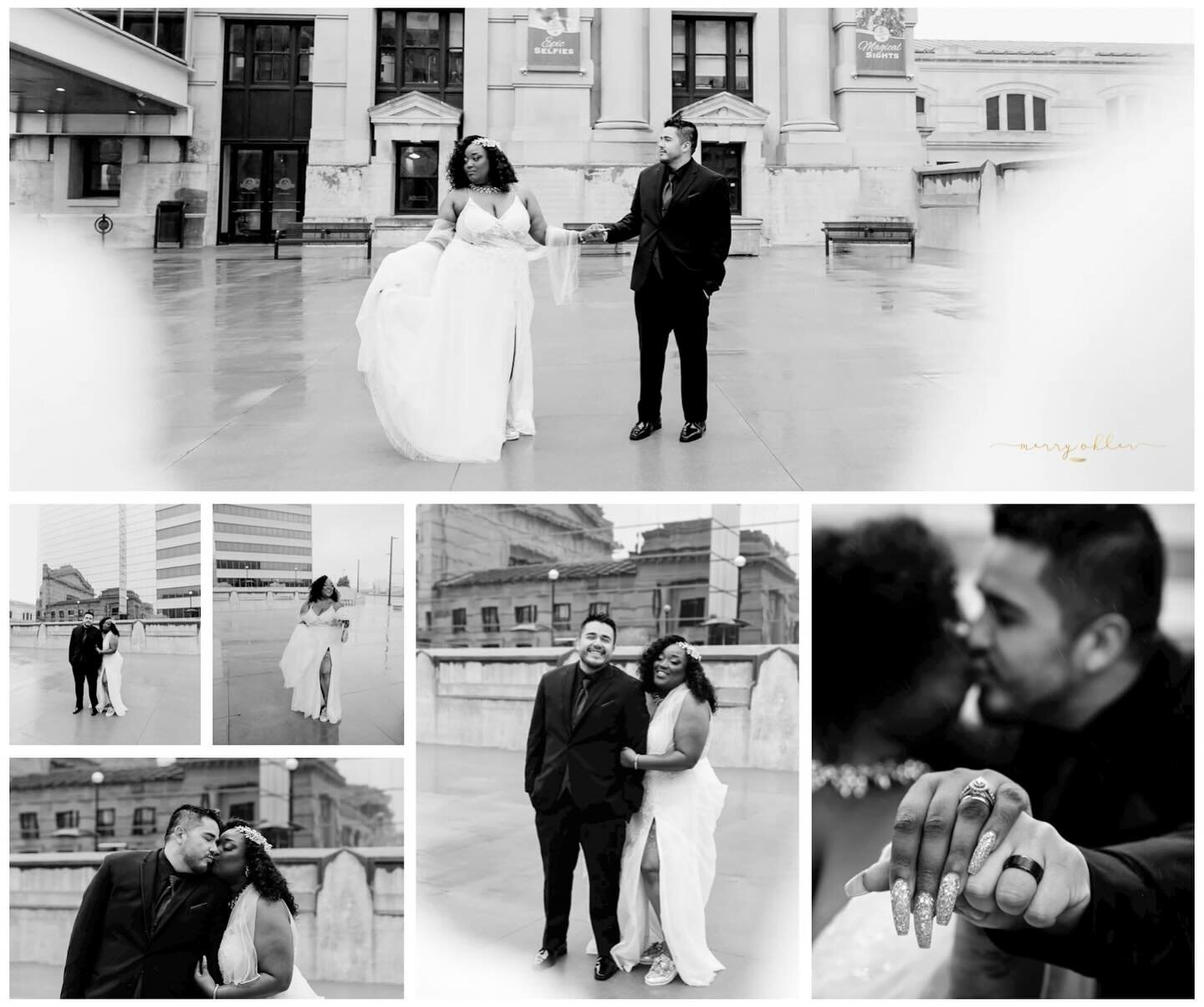 Overcast skies and a little rain 🌧 didn&rsquo;t dampen Ashton and Ricky&rsquo;s smiles! The elegant downtown location lent a classic Kansas City vibe to their wedding portraits. There&rsquo;s something so timeless and romantic about black and white 