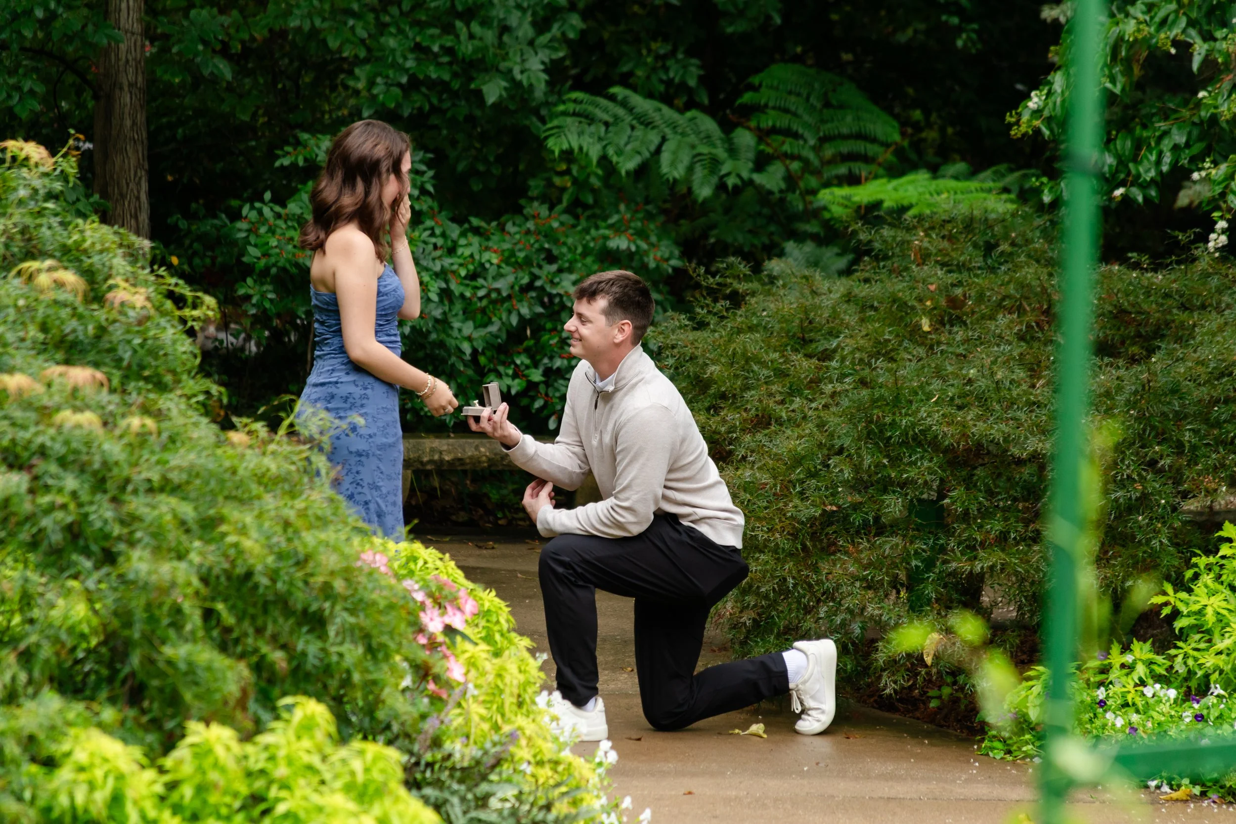 Man proposes to woman in blue dress in Kansas City.