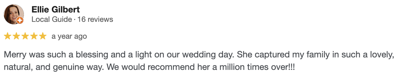 Screenshot of a Yelp review by Ellie Gilbert for a wedding-related service, expressing satisfaction with a photographer or wedding vendor in Olathe KS.