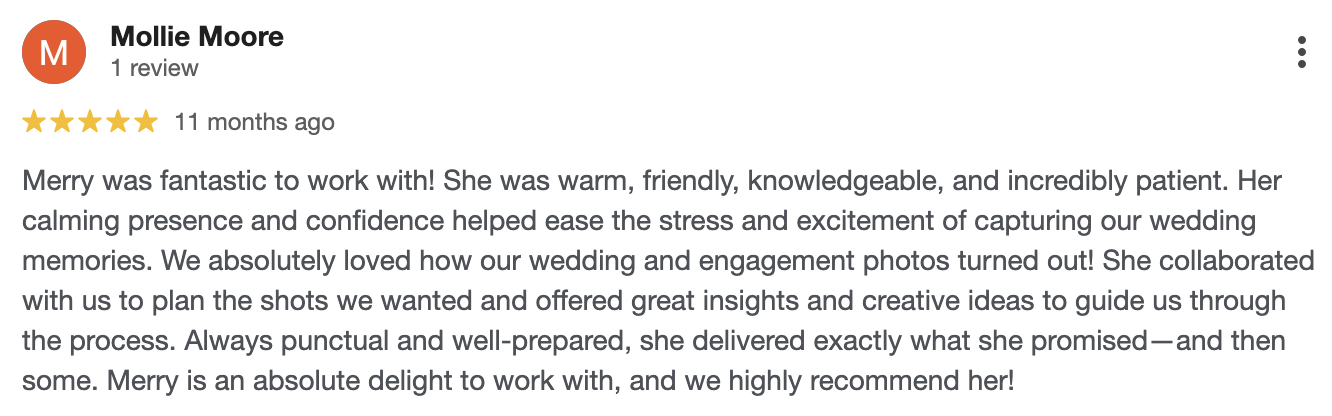 A 5-star review for a photographer named Merry, praising her friendly, knowledgeable, and patient nature, and her collaboration on wedding photos in Kansas City.