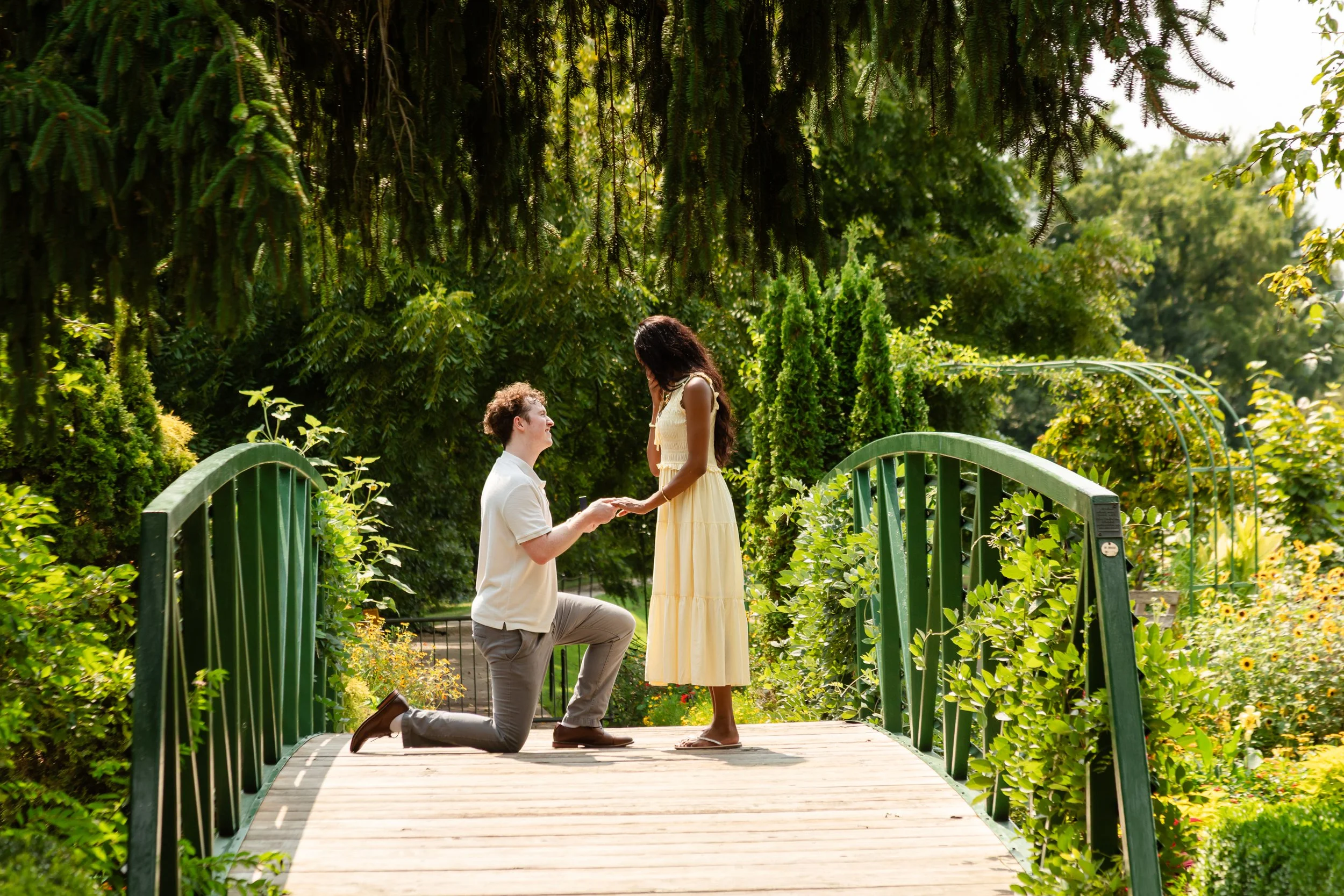 Man proposes on bridge at Overland Park Arboretum.