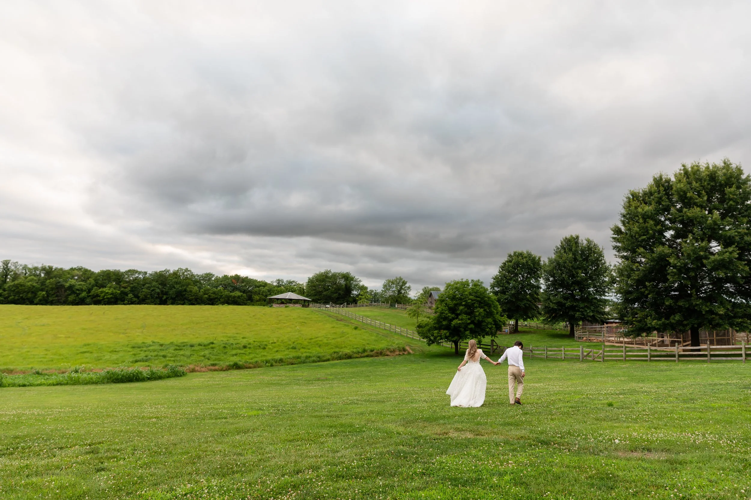 Groom leads bride through field at Weston Red Barn Farm in Kansas City during wedding portraits.