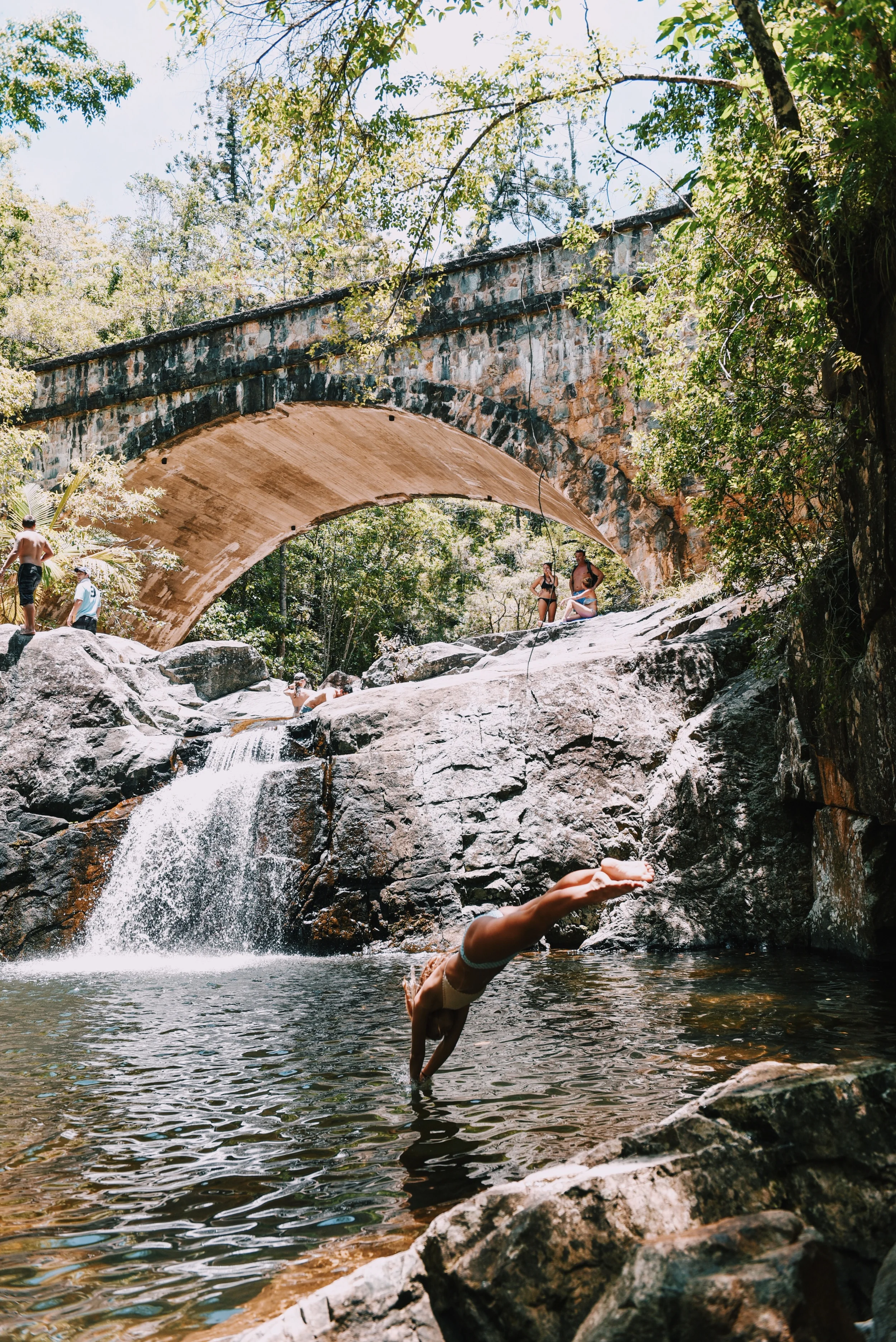 Diving into fresh water at Crystal Creek falls 