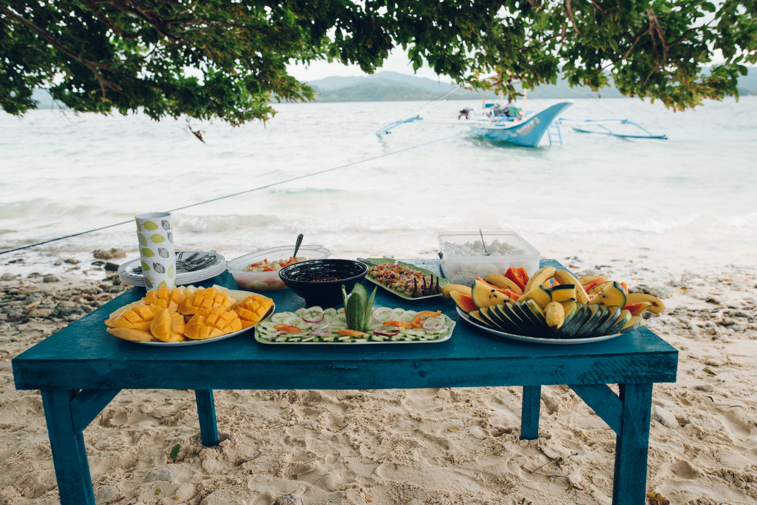 Lunch served on the beach during our boat tour (all this for 4 people!!) 