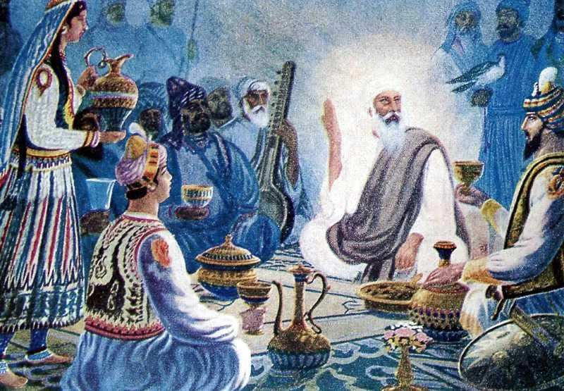 A representation of Mughal King Babur offering Bhaang to Shri Gurunanak Dev ji.