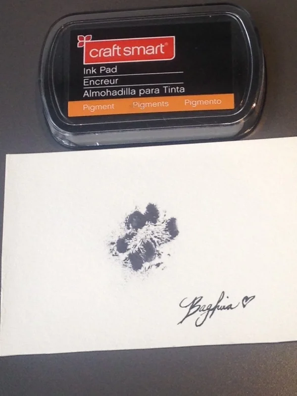 Ink pad beside a card with a black paw print