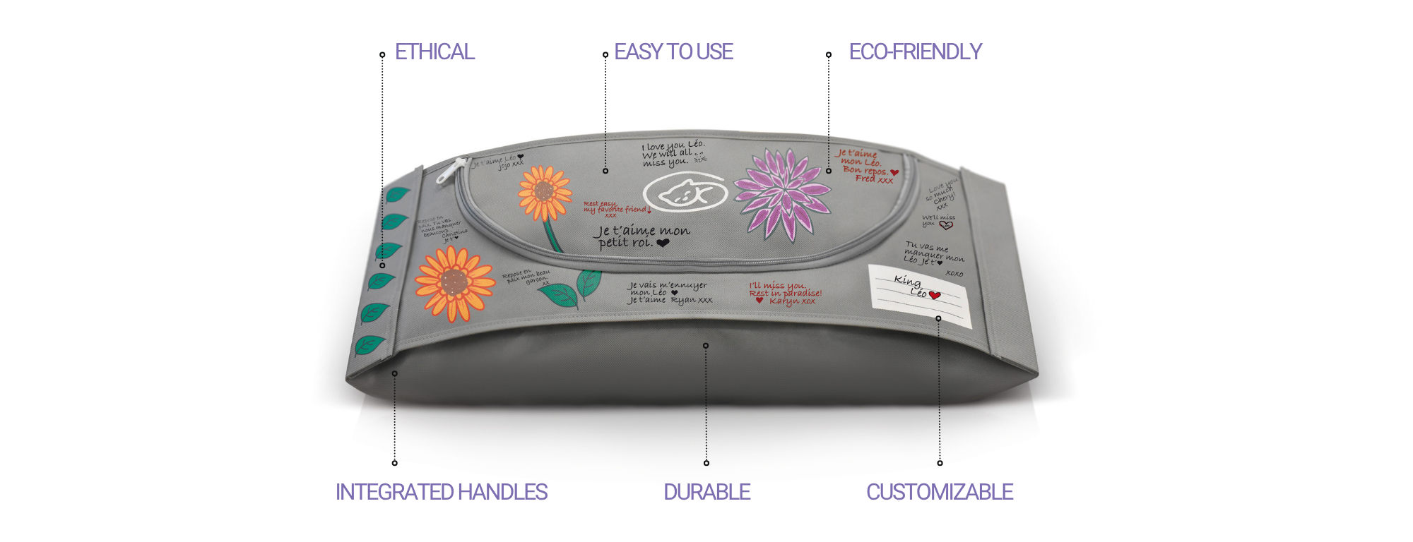 EUTHABAG pet body bag highlighting its ethical, easy-to-use, eco-friendly, durable and customizable design with integrated handles.