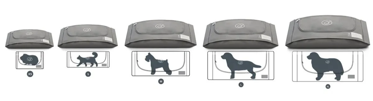 EUTHABAG pet body bags available in five sizes, from XS to XL, with animal silhouettes indicating approximate fit.
