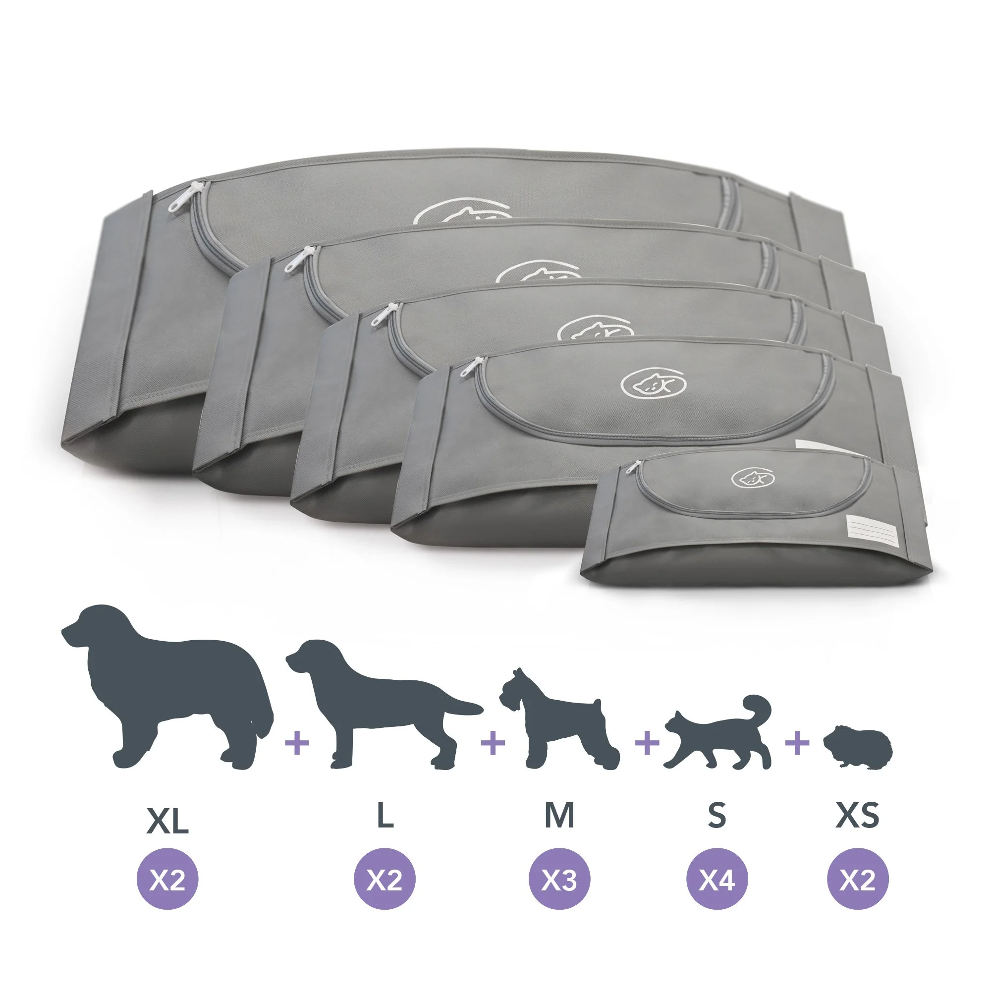 Five gray EUTHABAG pet body bags shown above animal silhouettes representing sizes XL, L, M, S and XS