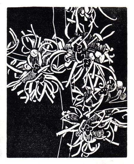 "February 17" linocut; 4 x 5" image size, 8 x 9" paper size; printed on HP55 handmade laid rice paper; edition of 8; 2012; unframed