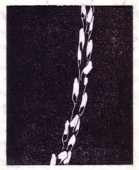 "March 31" linocut; 4 x 5" image size, 8 x 9" paper size; printed on HP55 handmade laid rice paper; edition of 8; 2012; unframed