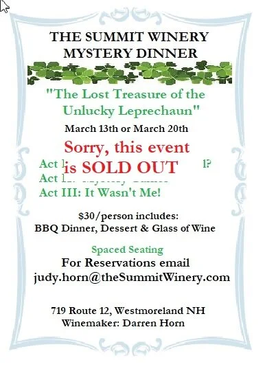 SOLD OUT!!! The SUMMIT WINERY MYSTERY DINNER: "The Lost Treasure of the Unlucky Leprechaun"