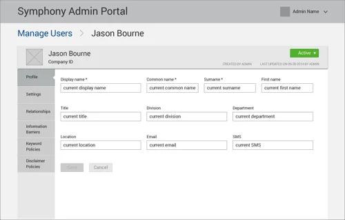 The account details page organizes information into tabs - some for account administration purpose and others are exclusively visible to the compliance officer.