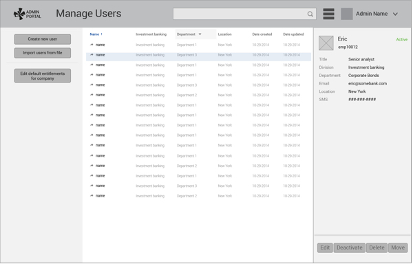 Wireframe showing user accounts in a flat list.