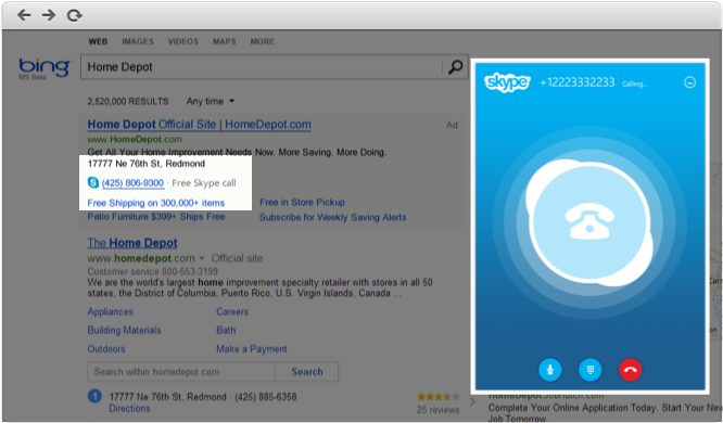 Skype-able numbers are highlighted on Bing's search results page and the call is completion using the Skype Web App.