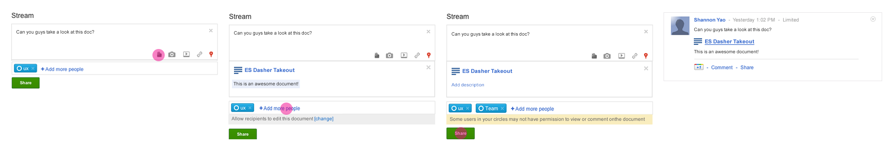 This is a flow for embedding a document to a Google+ post.