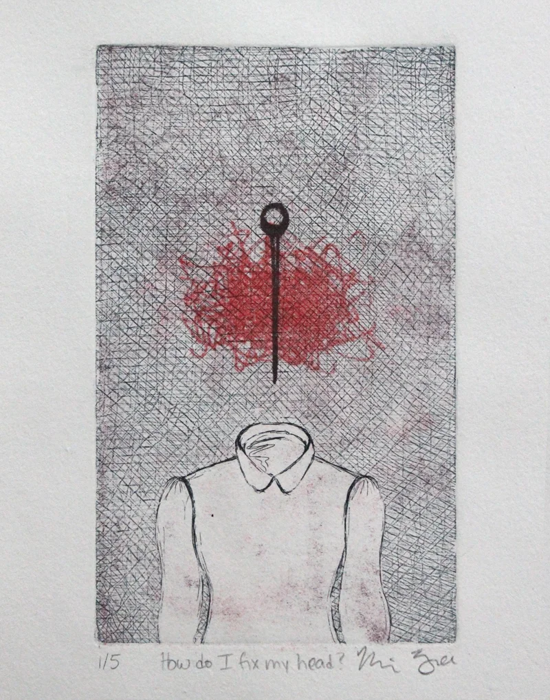 hard and soft ground copper etching with Xerox transfers, 3” x 5”