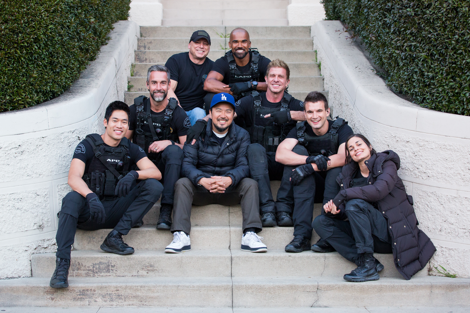 From left to right: David Lim, Jay Harrington, Odie Gallup (S.W.A.T. Technical Advisor), Justin Lin (Director/Producer), Shemar Moore, Kenny Johnson, Alex Russell, Lina Esco
