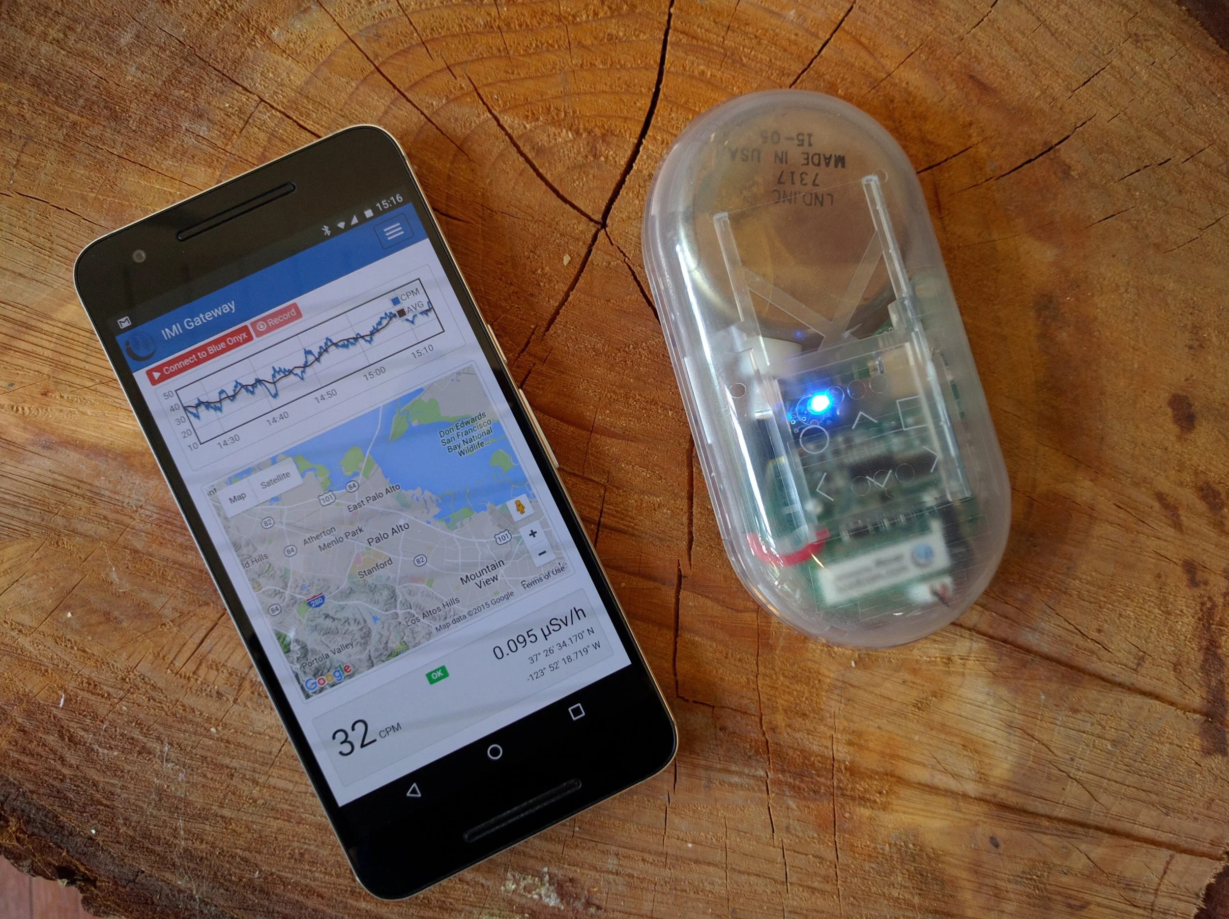 IMI Gateway running on a prototype of the Medcom Blue Onyx, a Bluetooth LE state of the art Geiger Counter.