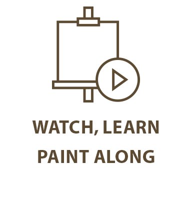 A paint roller icon with a play button symbol, and the text "Watch, Learn Paint Along" underneath.