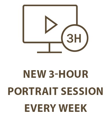 Icon of a computer monitor with a play button and a circle labeled '3H', indicating a new 3-hour portrait session every week.