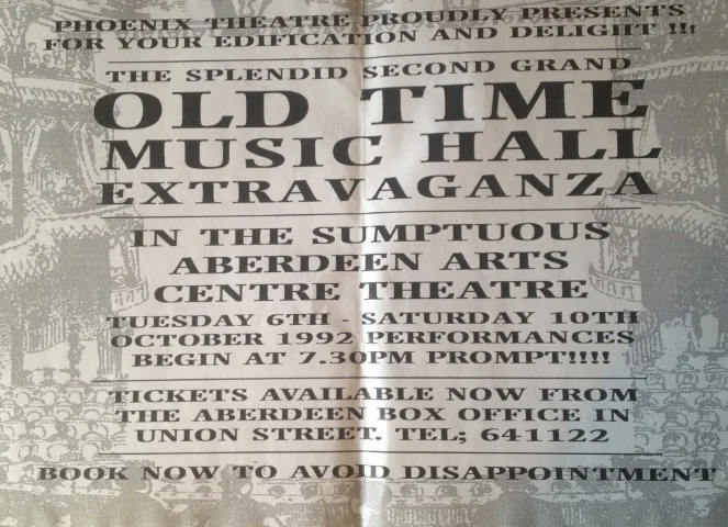 Poster for Phoenix Theatre’s 1992 Old Time Music Hall Extravaganza at Aberdeen Arts Centre, with bold vintage typography and dates Tue 6–Sat 10 October 1992.