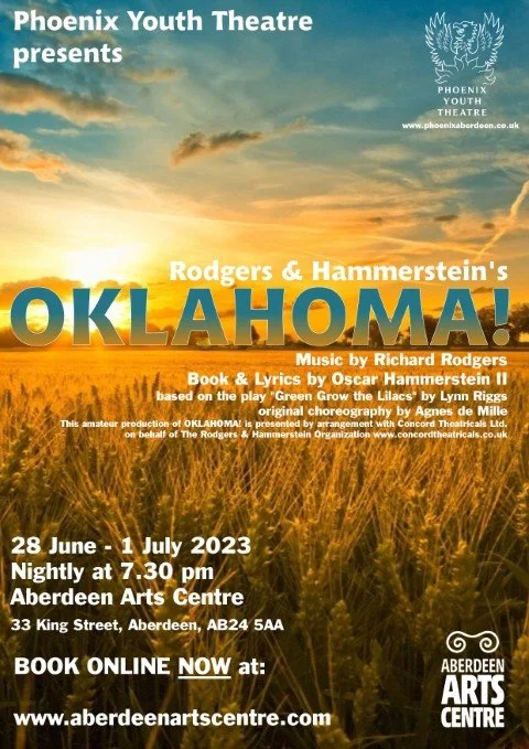 Poster for Phoenix Youth Theatre’s 2023 production of Rodgers & Hammerstein’s Oklahoma! at Aberdeen Arts Centre, 28 June–1 July 2023.